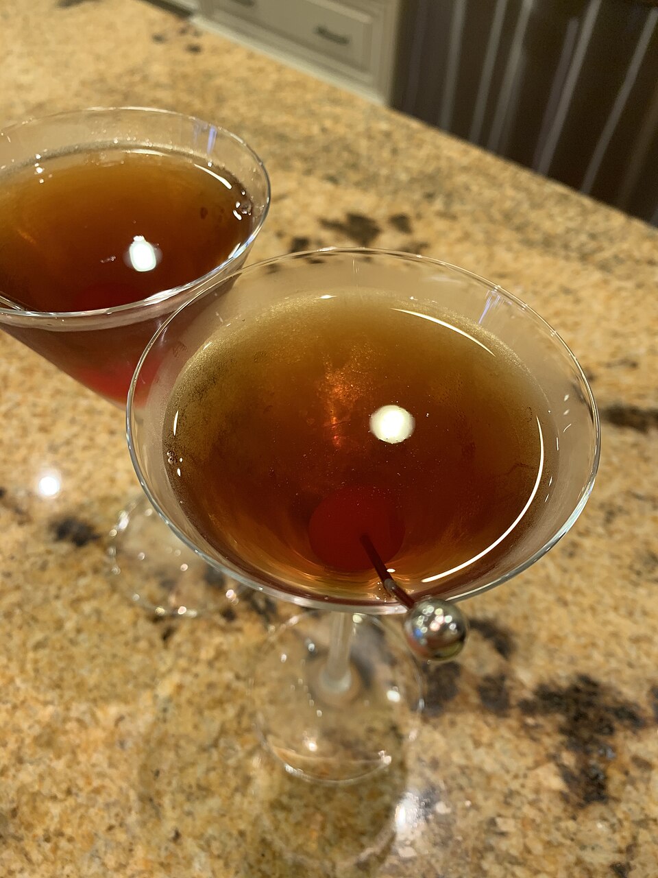 Citrus garnishes on finished cocktails.